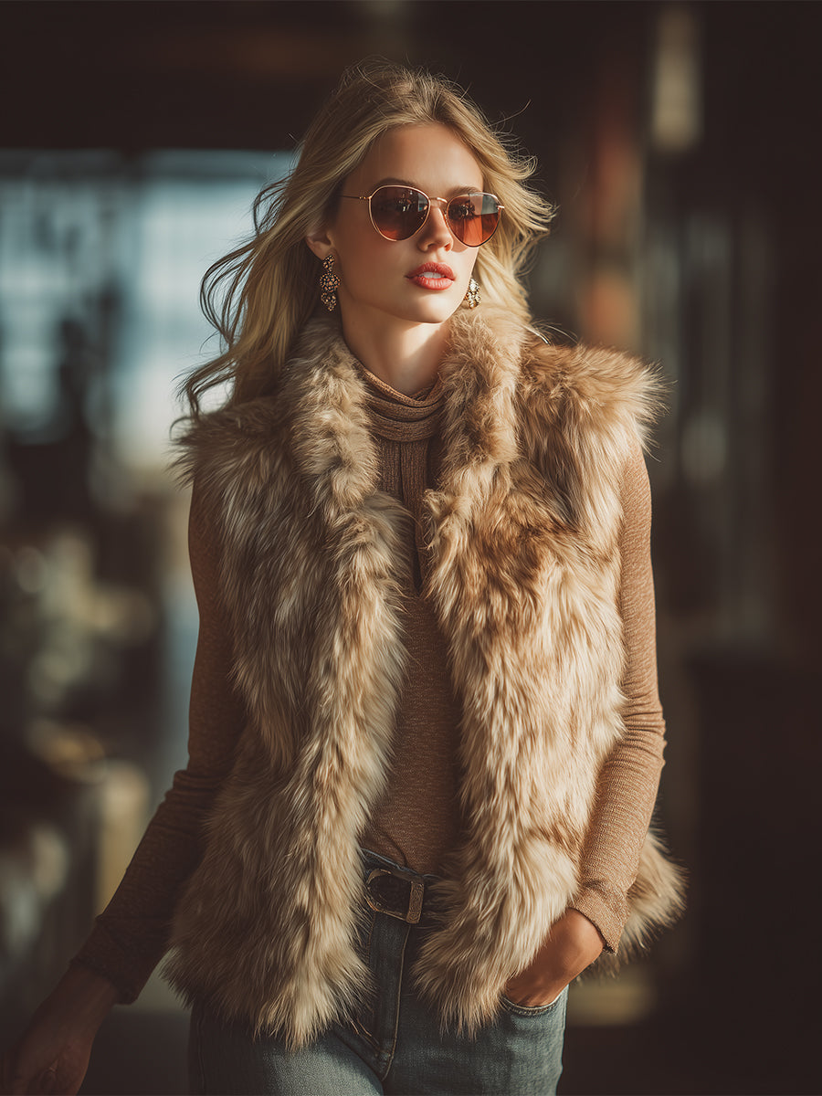 Sierra | Western stand-collar faux fur vest - Novaesta