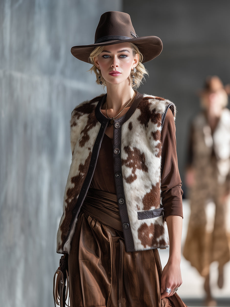 Retro Ranch | Brown Cow-Print Faux Fur Vest - Novaesta