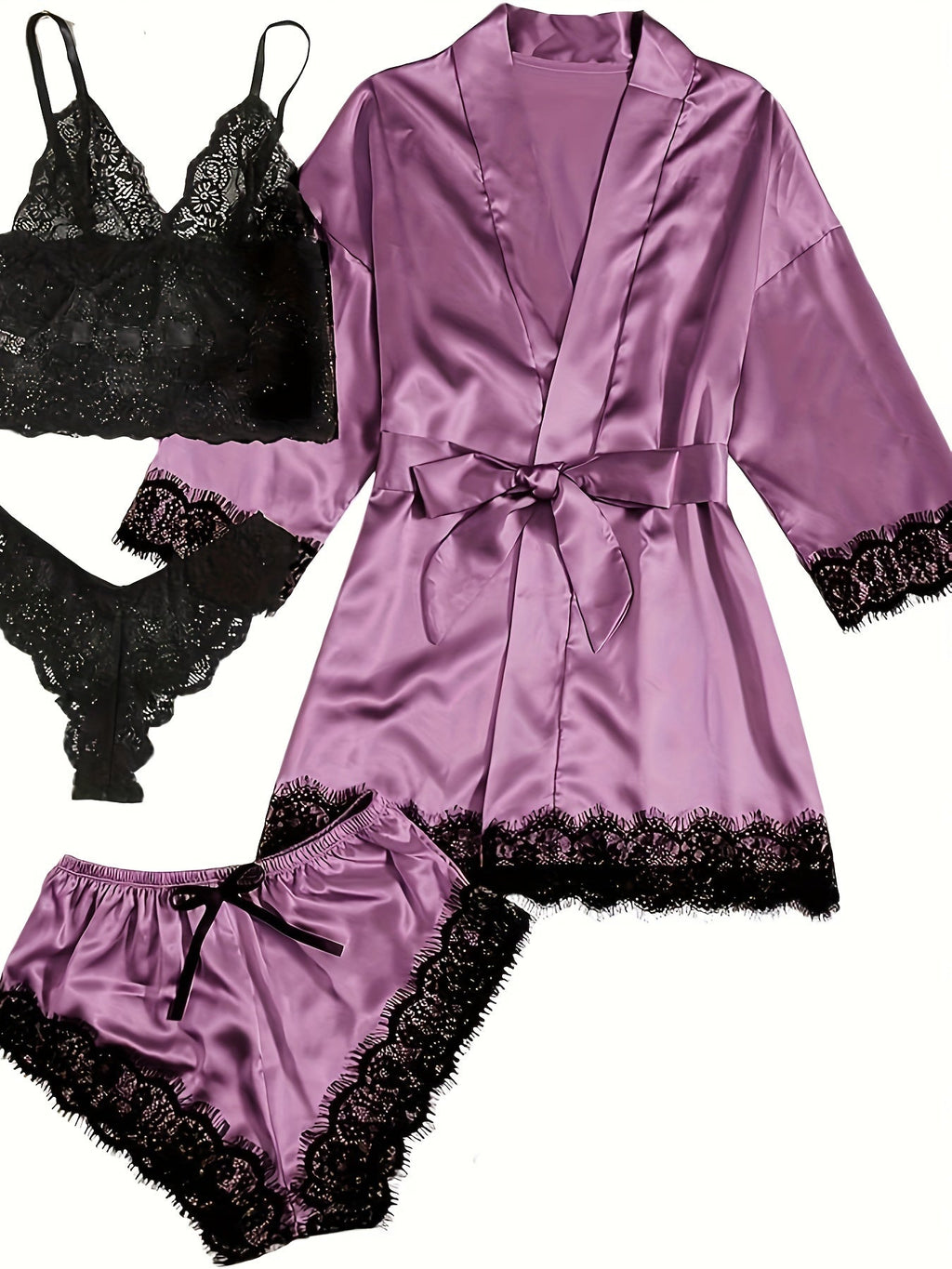 Aurora – Satin Lace Lounge Set with Kimono & Shorts - Novaesta