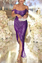 Alizée | Sequined Maxi Dress with Off-Shoulder Design