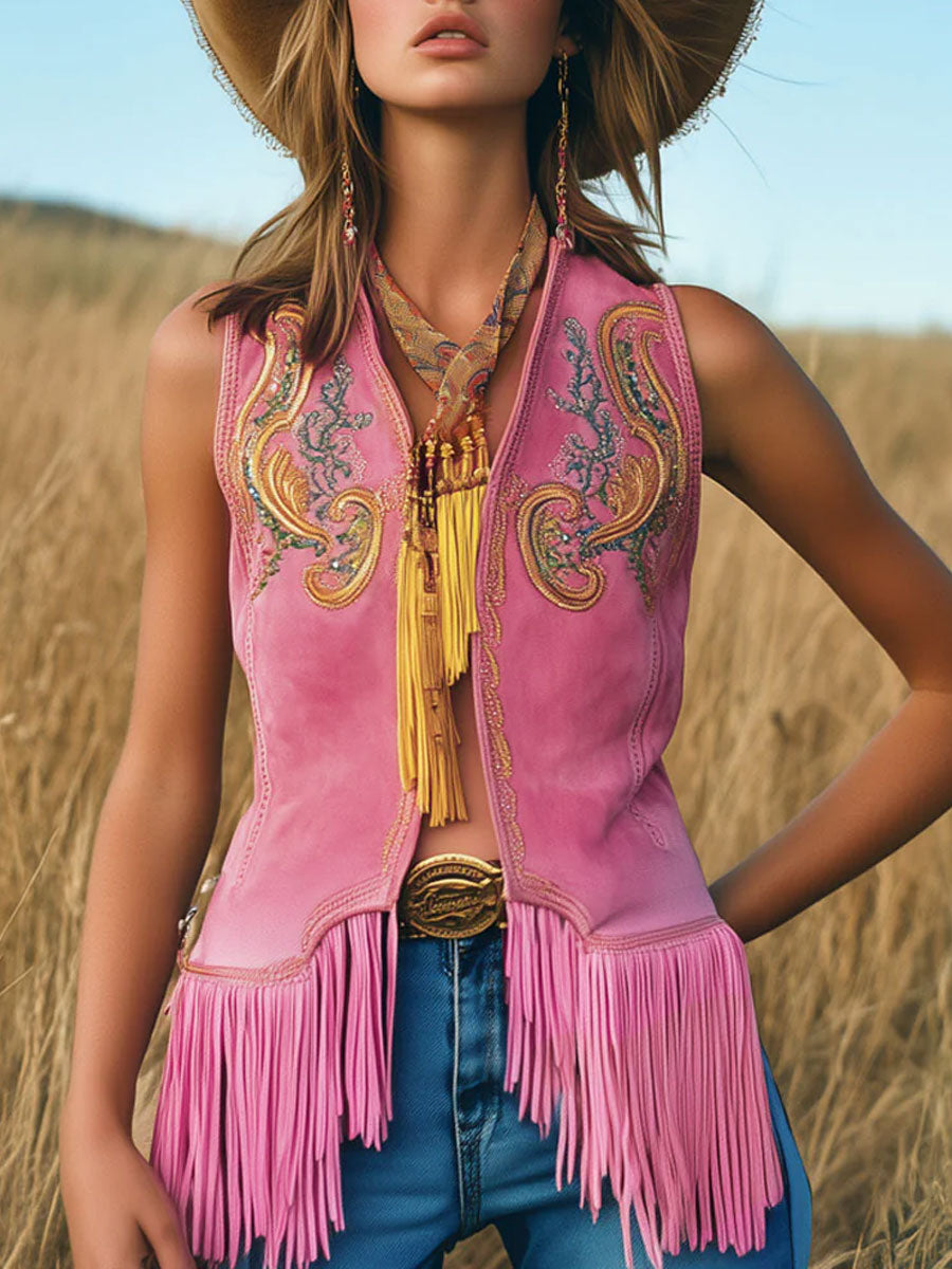 Gilded Rose | embroidered pink suede tassel vest - Novaesta