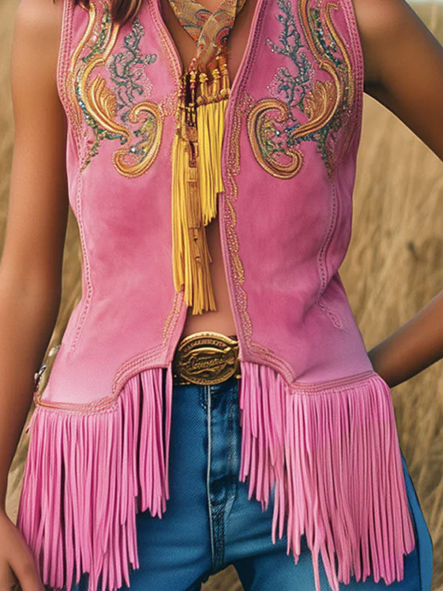 Gilded Rose | embroidered pink suede tassel vest
