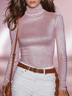 Luna | Shimmer Pink Fitted Turtleneck Long Sleeve Tee