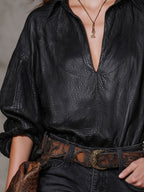 Retro Noir | Faux Leather V-Neck Polo Long-Sleeve Tee