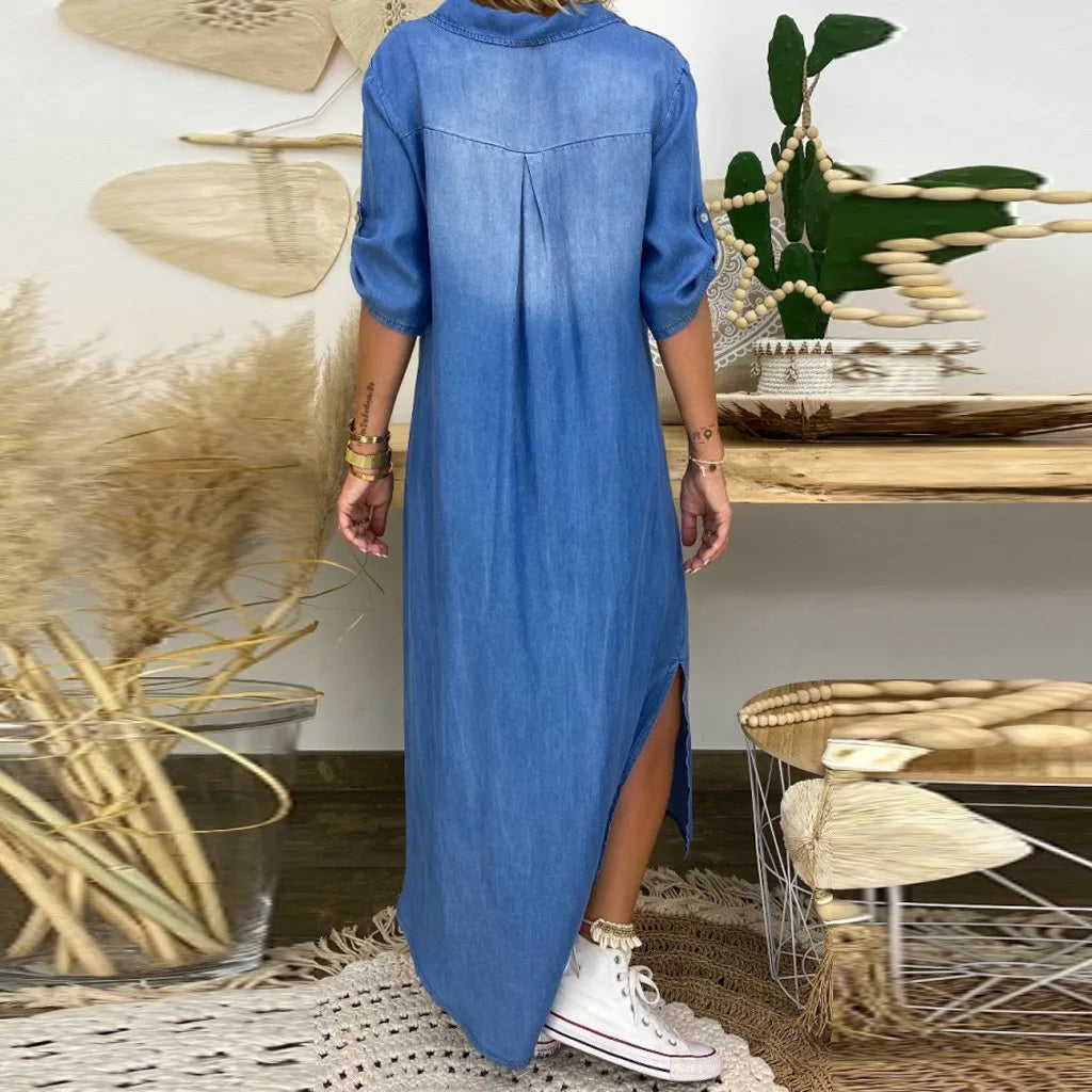 Lea™ | Long Denim-Look Dress with Side Slit - Novaesta