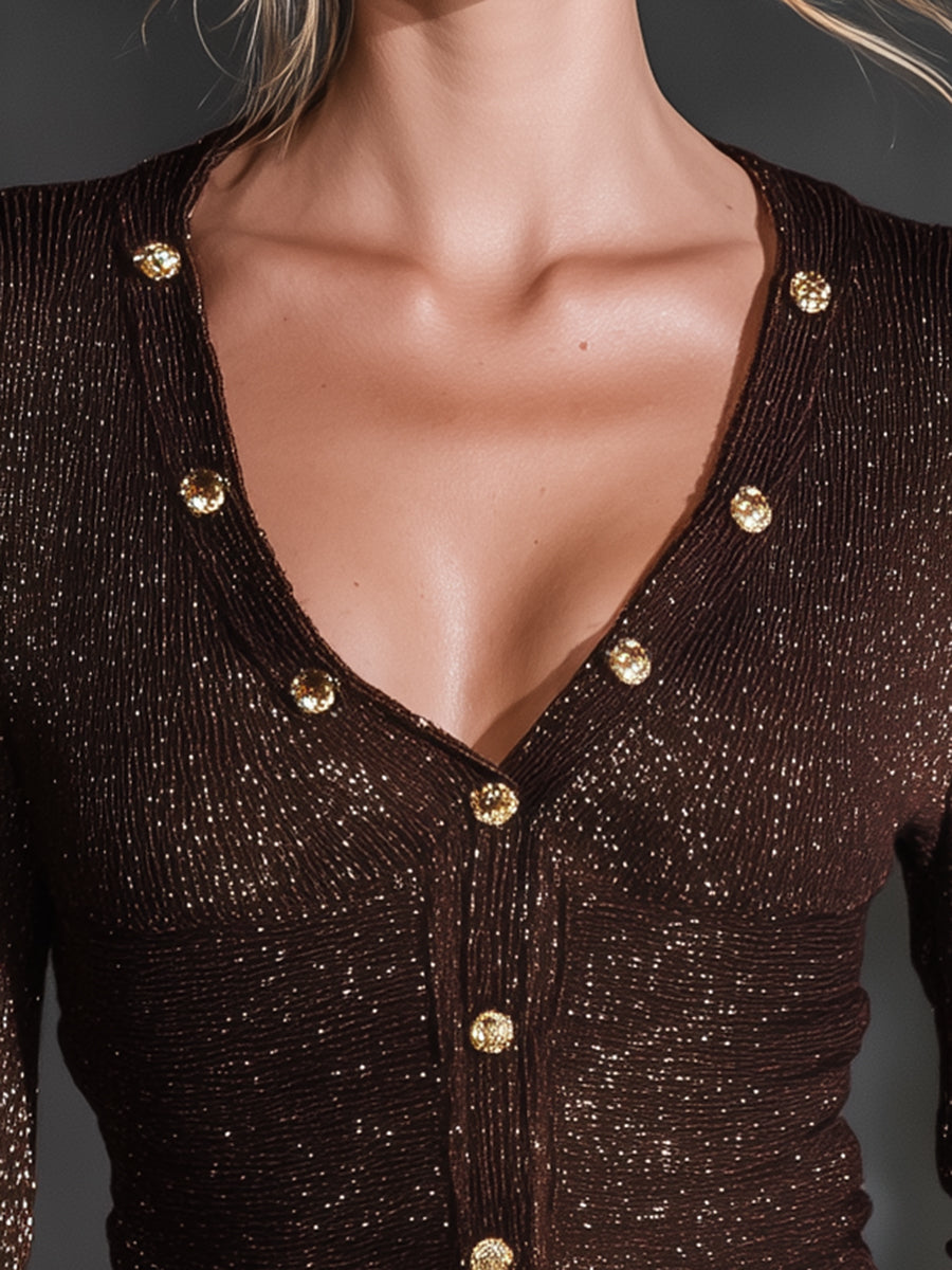 Luna | Brown Shimmer Knit V-neck Top - Novaesta