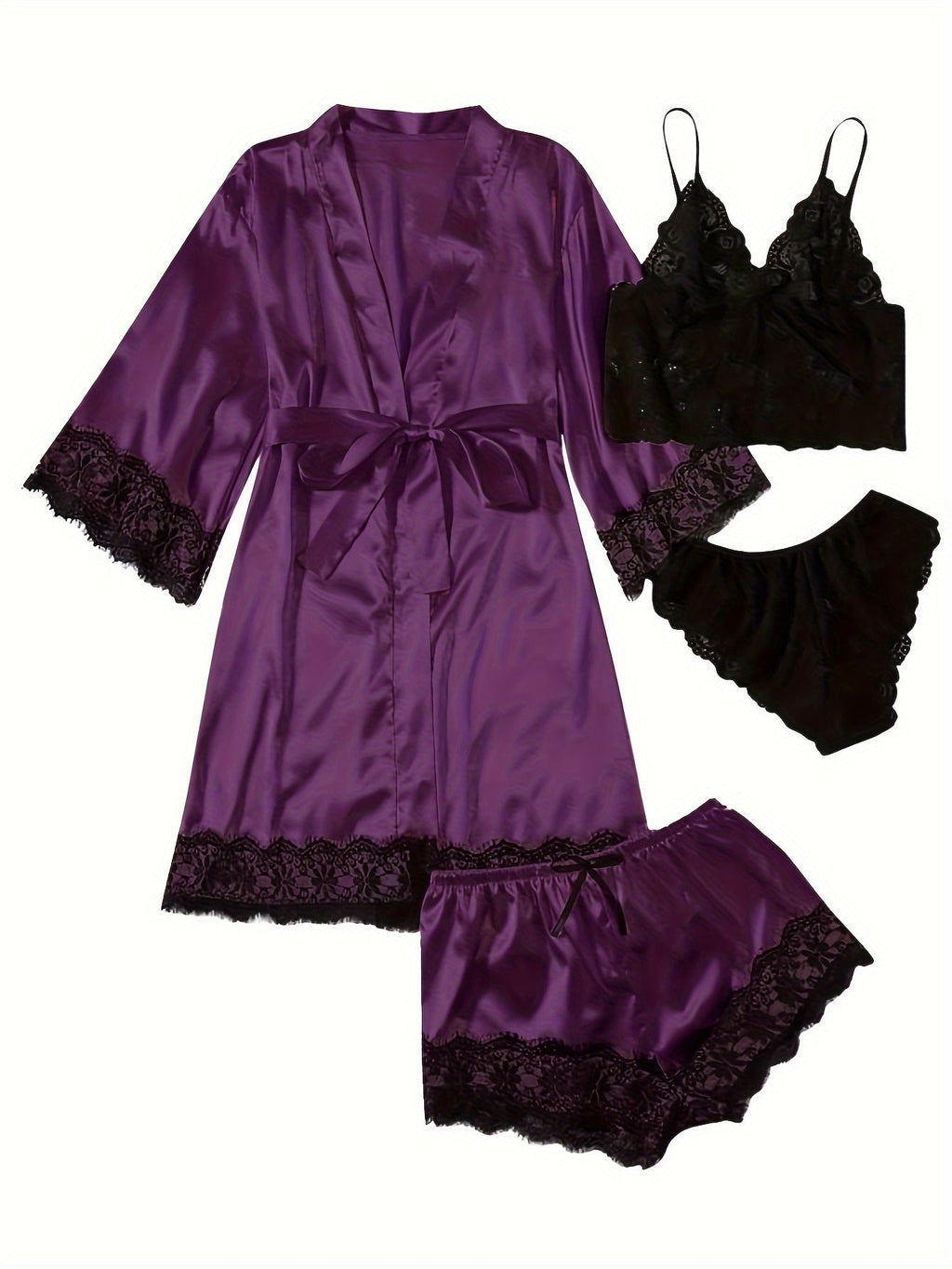 Aurora – Satin Lace Lounge Set with Kimono & Shorts - Novaesta