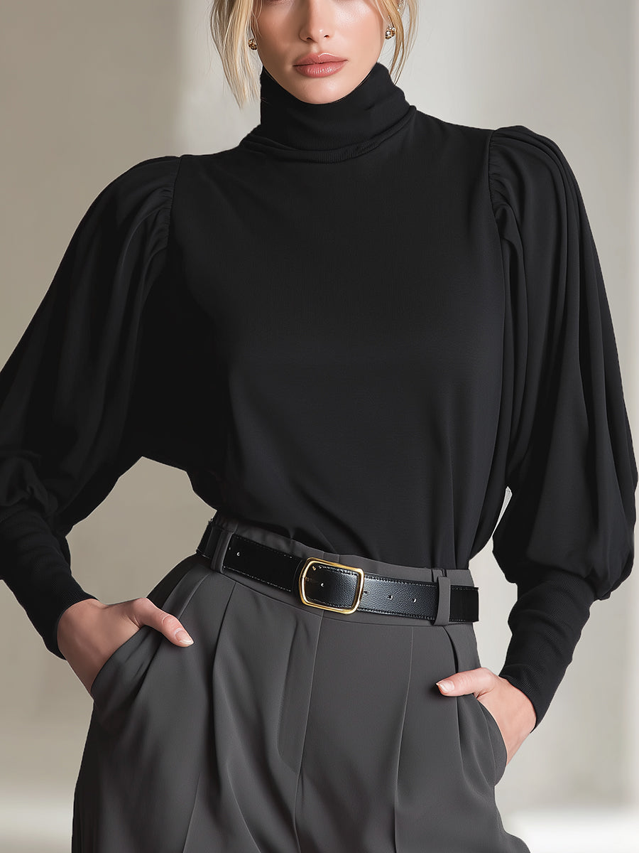 Noir Wing | High-Collar Long-Sleeve Batwing Black Cotton Tee - Novaesta
