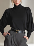 Noir Wing | High-Collar Long-Sleeve Batwing Black Cotton Tee