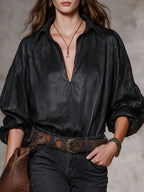 Retro Noir | Faux Leather V-Neck Polo Long-Sleeve Tee