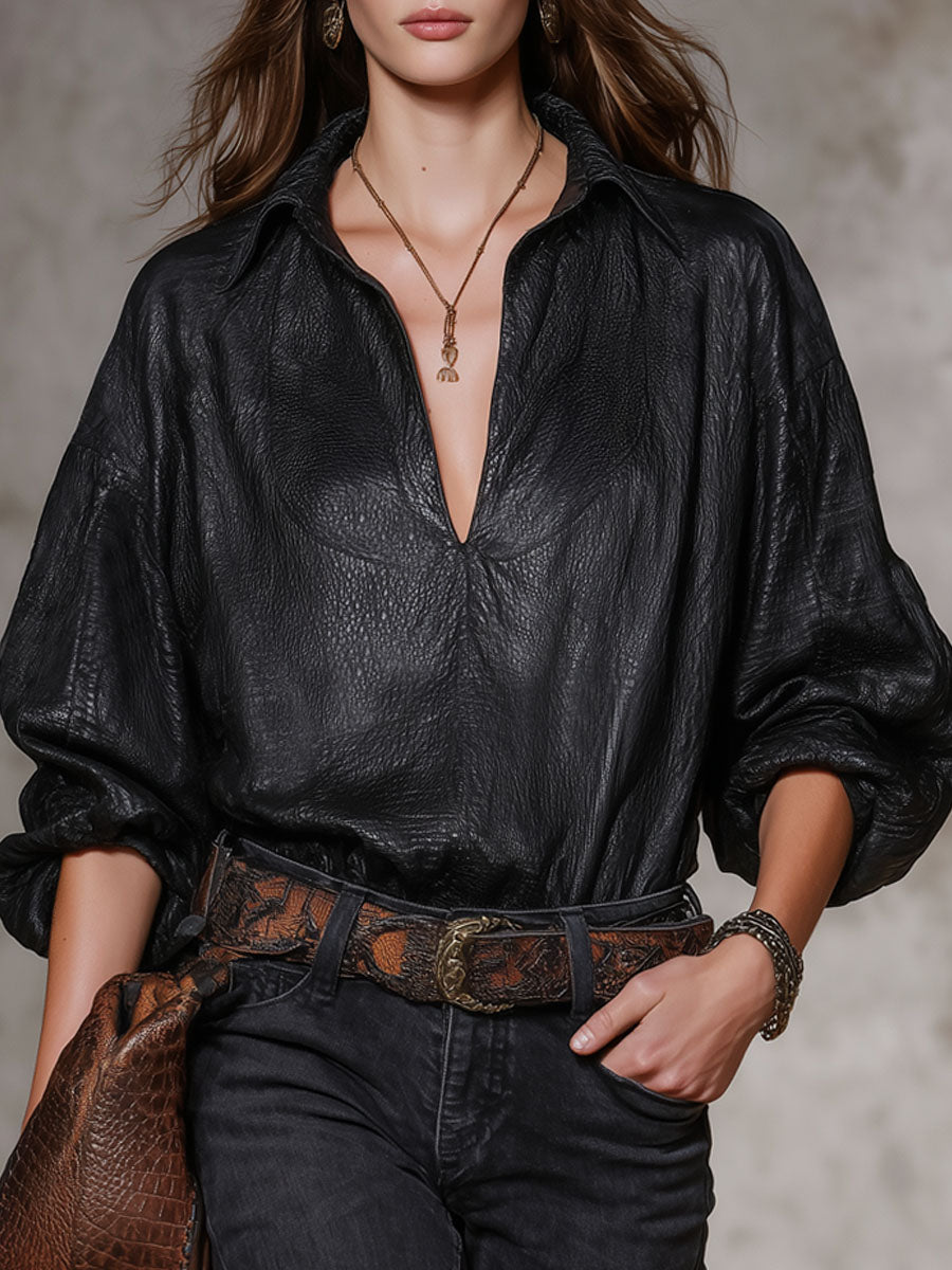 Retro Noir | Faux Leather V-Neck Polo Long-Sleeve Tee