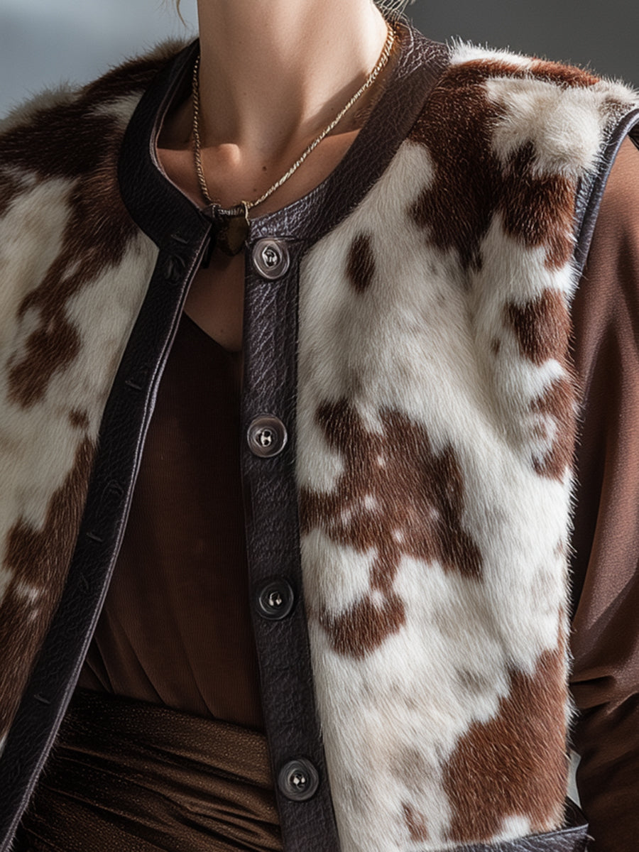 Retro Ranch | Brown Cow-Print Faux Fur Vest