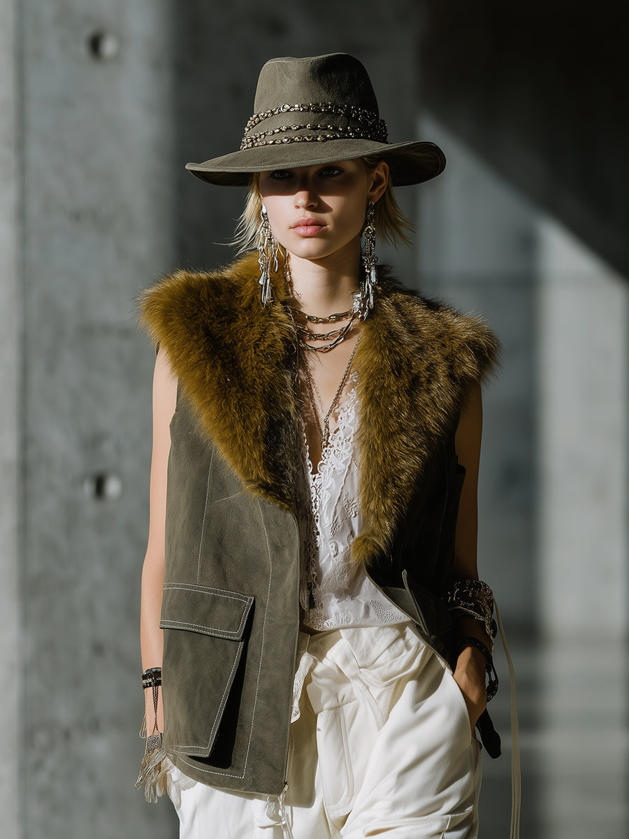 Mila | Retro Green Suede Vest with Faux Fur Collar - Novaesta