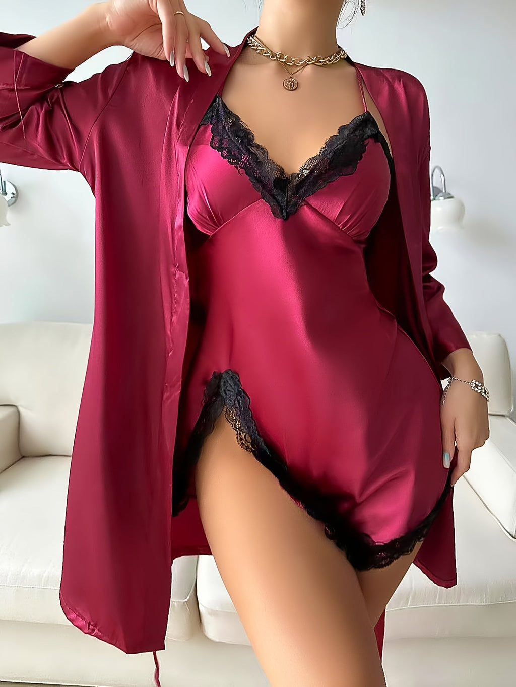 Elvira – Satin Robe & V-Neck Lace Slip Set - Novaesta