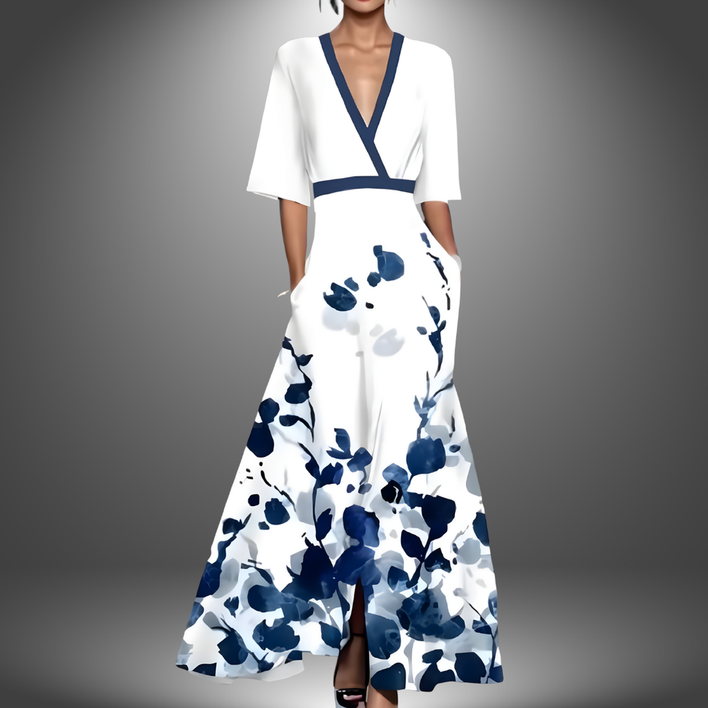 Alina | Elegant Floral V-Neck Maxi Dress - Novaesta