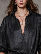 Retro Noir | Faux Leather V-Neck Polo Long-Sleeve Tee