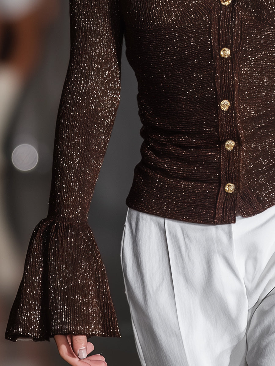 Luna | Brown Shimmer Knit V-neck Top - Novaesta