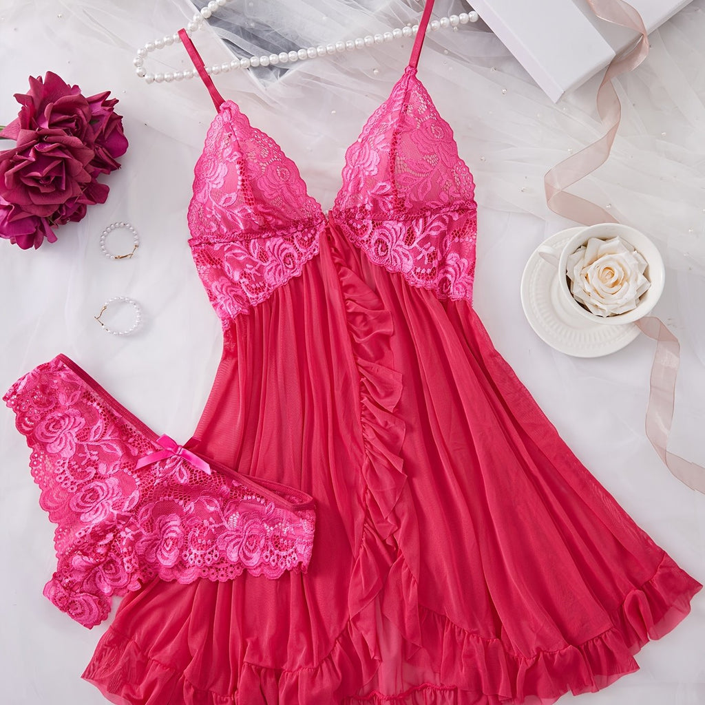 Lucia – Lace Front-Slit Chemise & Slip Set - Novaesta