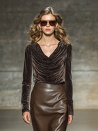 Sienna | Brown velvet draped collar top