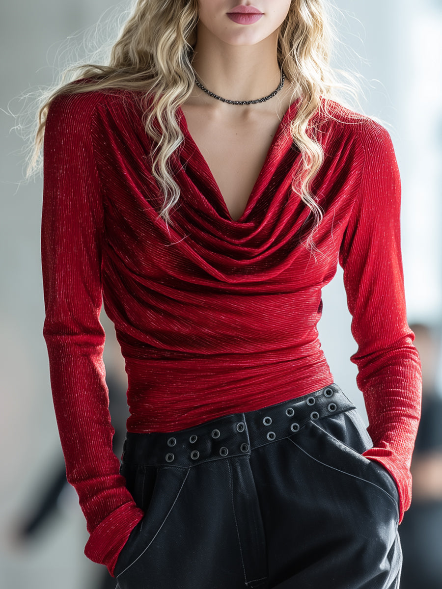 Scarlet | Red Shimmer Cowl-Neck Fitted Tee - Novaesta