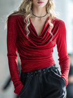 Scarlet | Red Shimmer Cowl-Neck Fitted Tee
