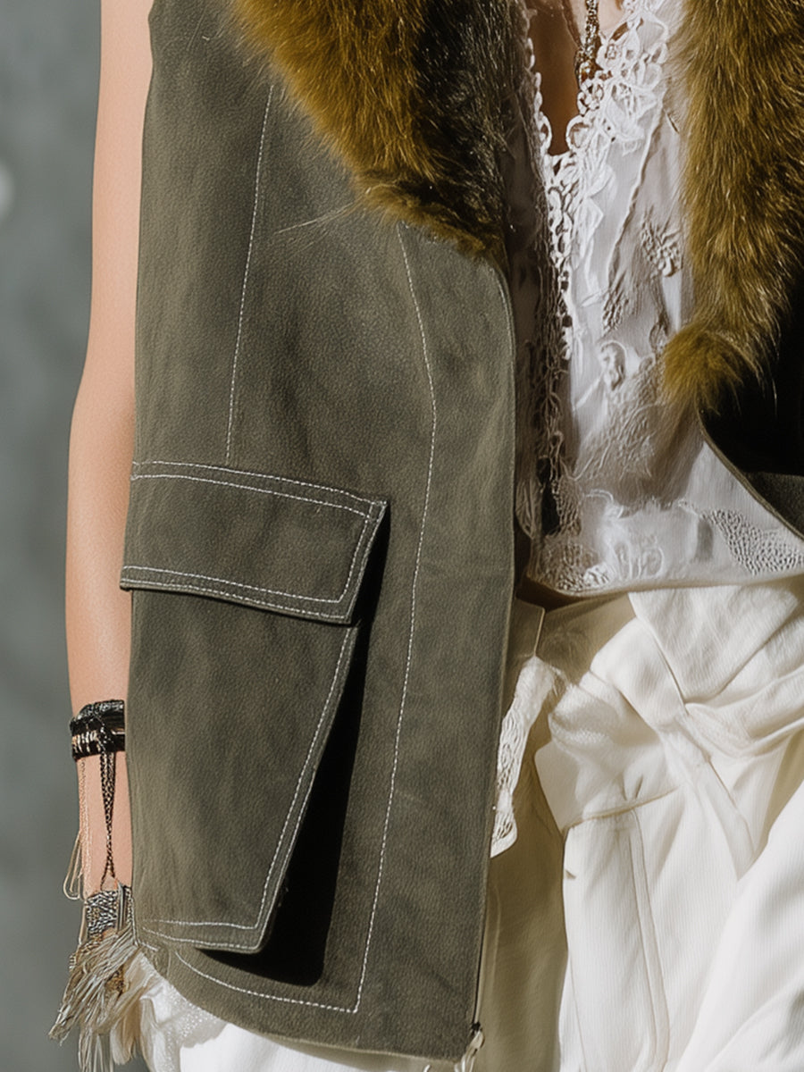 Mila | Retro Green Suede Vest with Faux Fur Collar - Novaesta