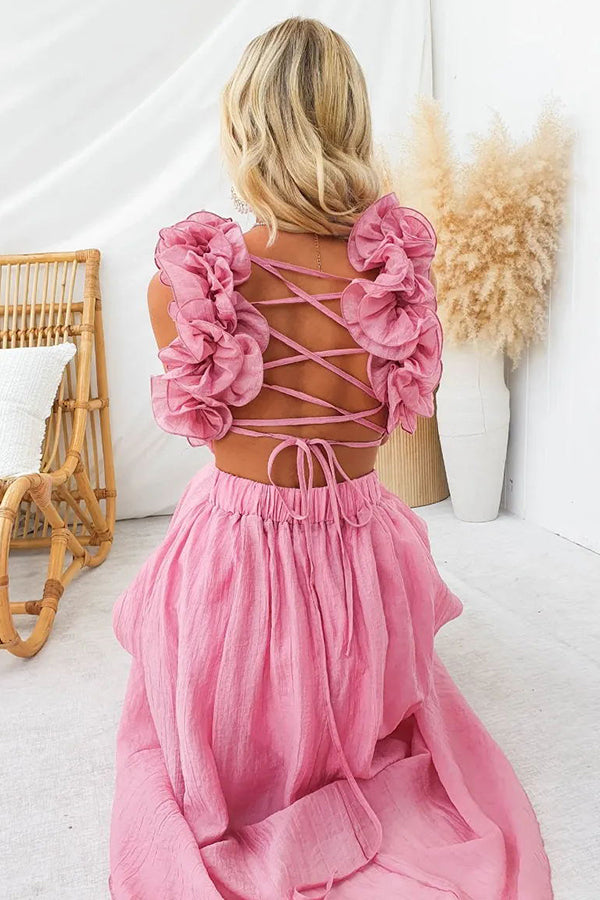 Clarisse | Maxi Floral Dress with Ruffles and Lace-Up Back