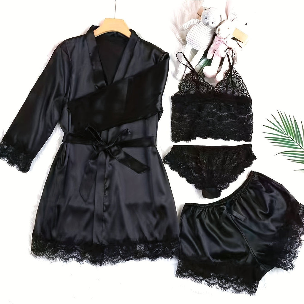 Aurora – Satin Lace Lounge Set with Kimono & Shorts - Novaesta