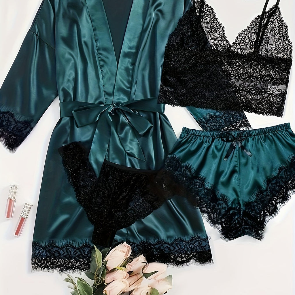 Aurora – Satin Lace Lounge Set with Kimono & Shorts - Novaesta
