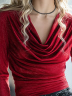 Scarlet | Red Shimmer Cowl-Neck Fitted Tee