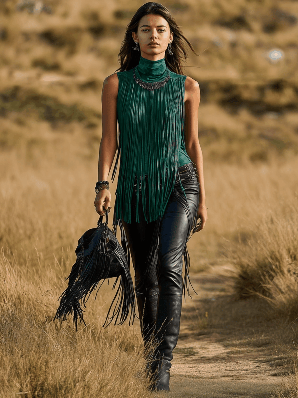 Dakota | Personalized Western Dark Green Suede Tassel Turtleneck Vest - Novaesta