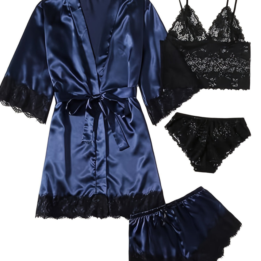 Aurora – Satin Lace Lounge Set with Kimono & Shorts - Novaesta