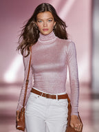 Luna | Shimmer Pink Fitted Turtleneck Long Sleeve Tee