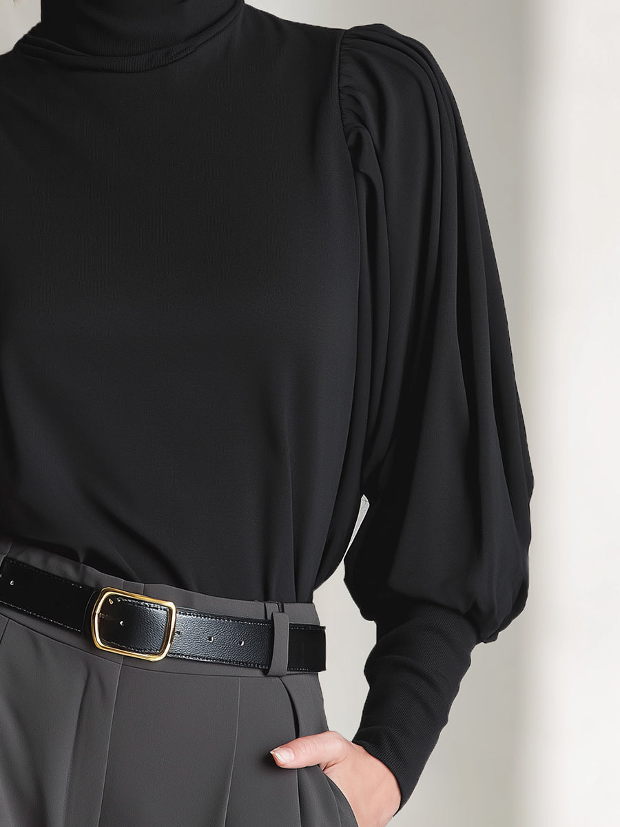 Noir Wing | High-Collar Long-Sleeve Batwing Black Cotton Tee - Novaesta