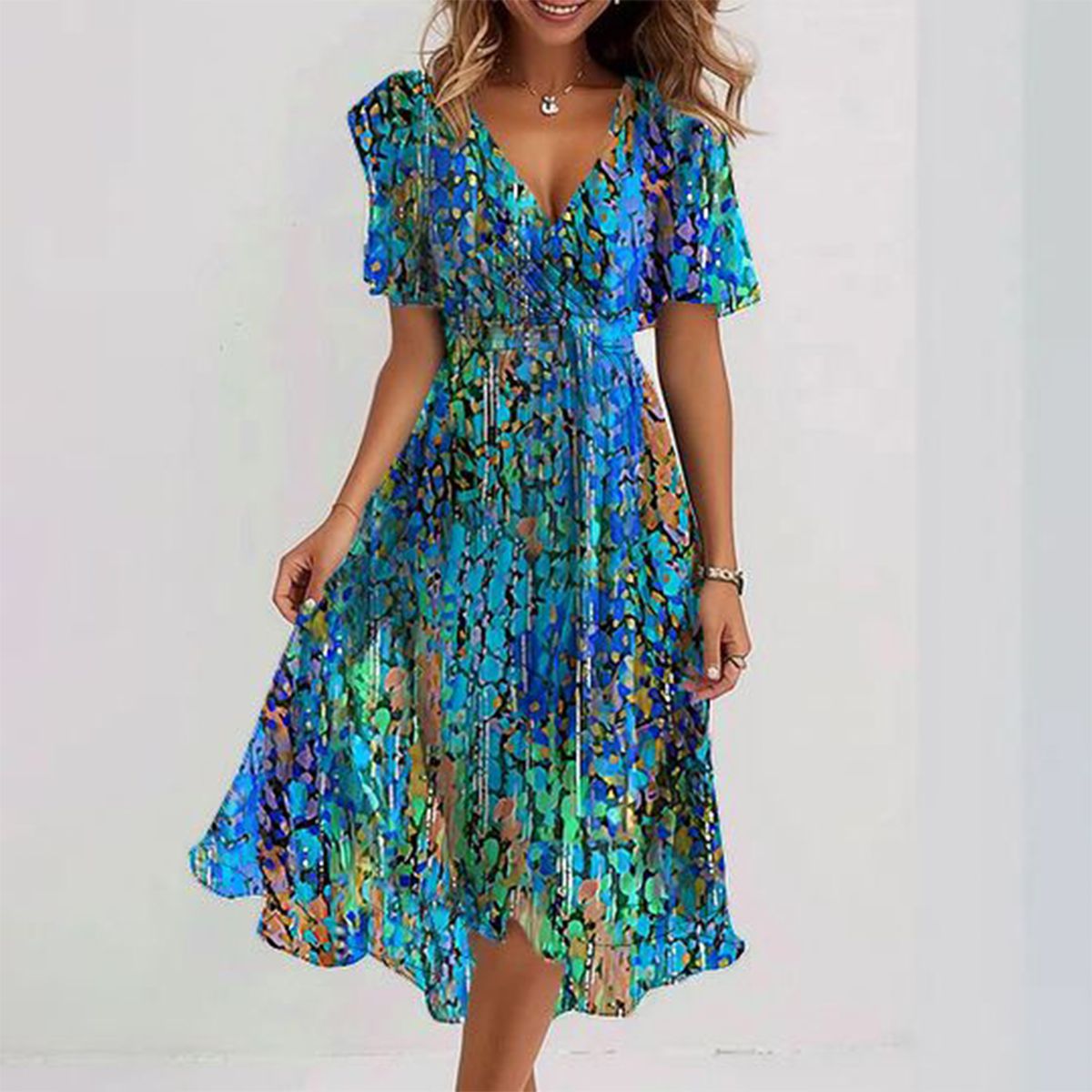 Kamila | Blue midi dress with short sleeves