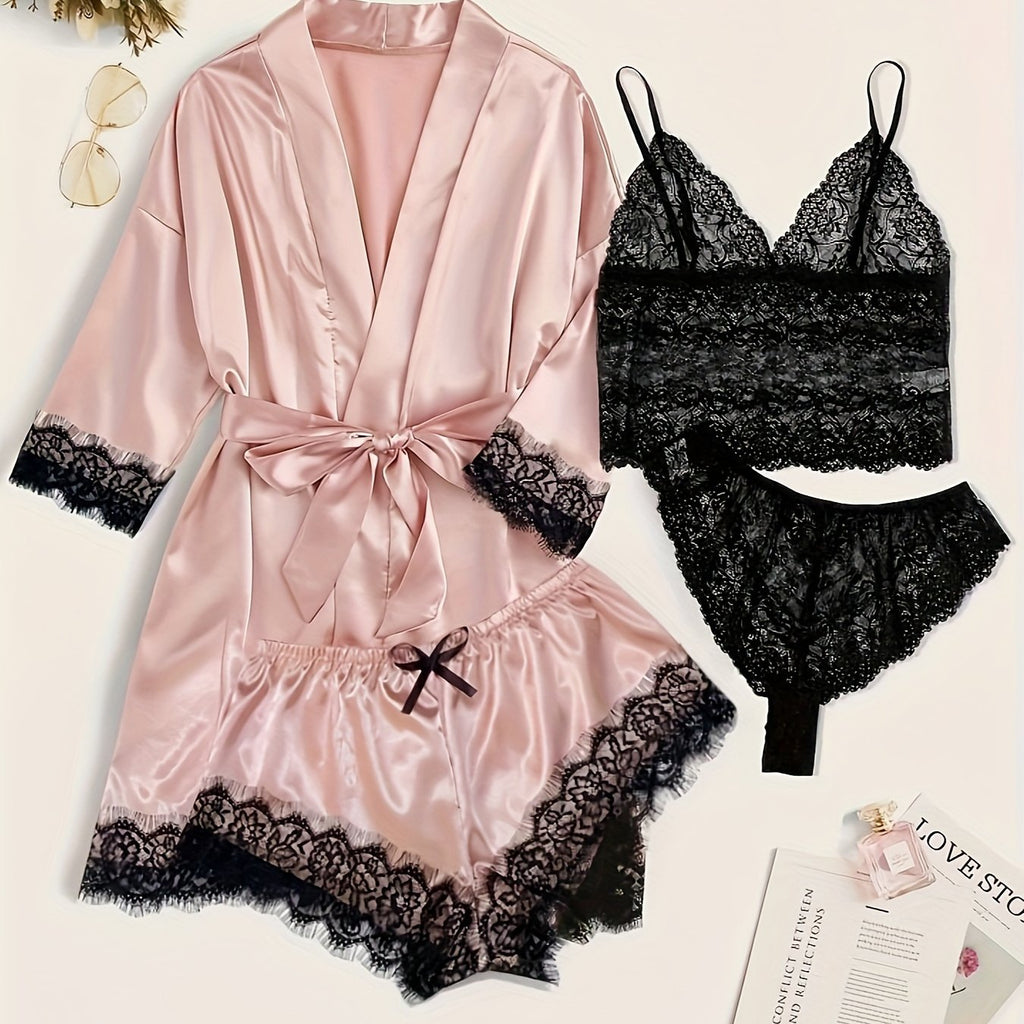 Aurora – Satin Lace Lounge Set with Kimono & Shorts - Novaesta