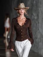 Luna | Brown Shimmer Knit V-neck Top