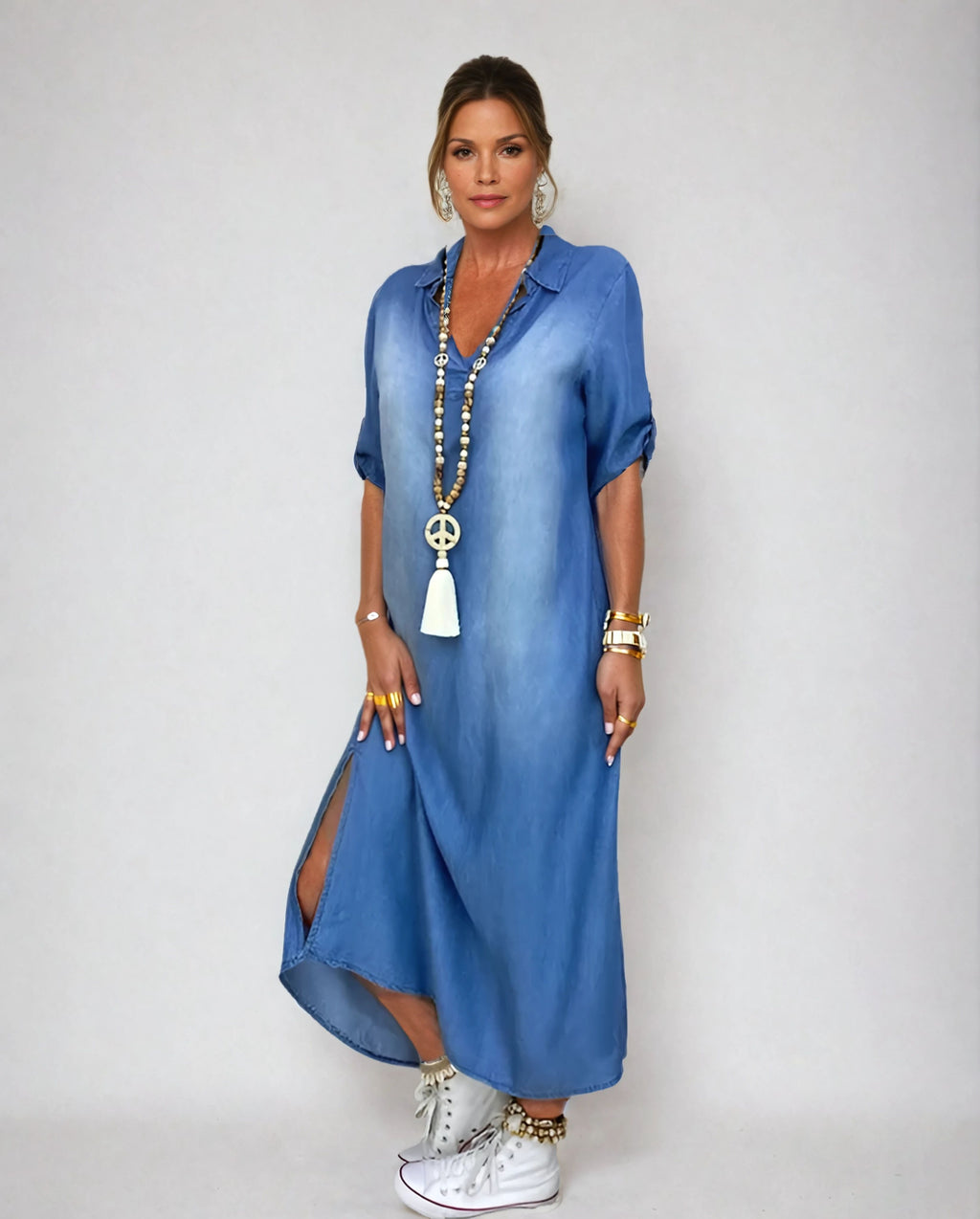 Lea™ | Long Denim-Look Dress with Side Slit - Novaesta