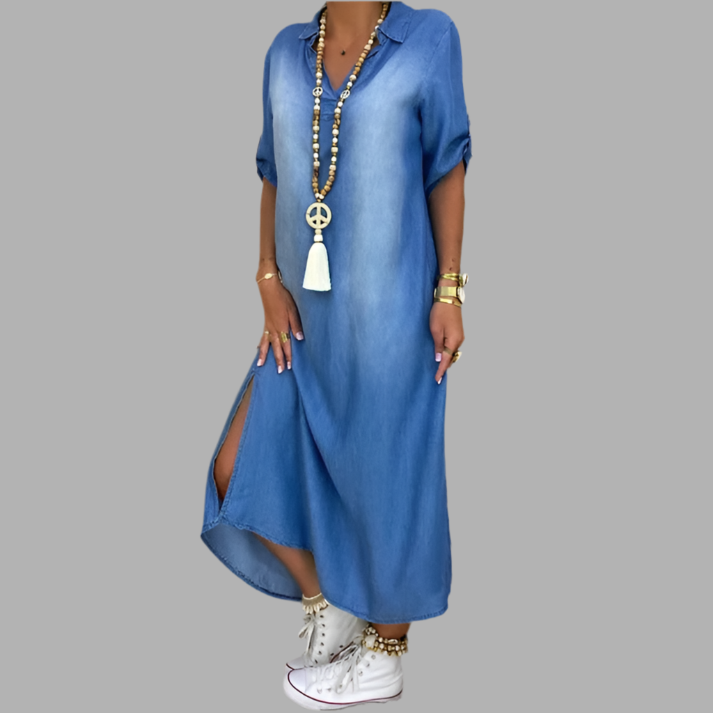 Lea™ | Long Denim-Look Dress with Side Slit - Novaesta