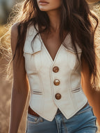 Dakota | Western Gold-Button White Suede Vest