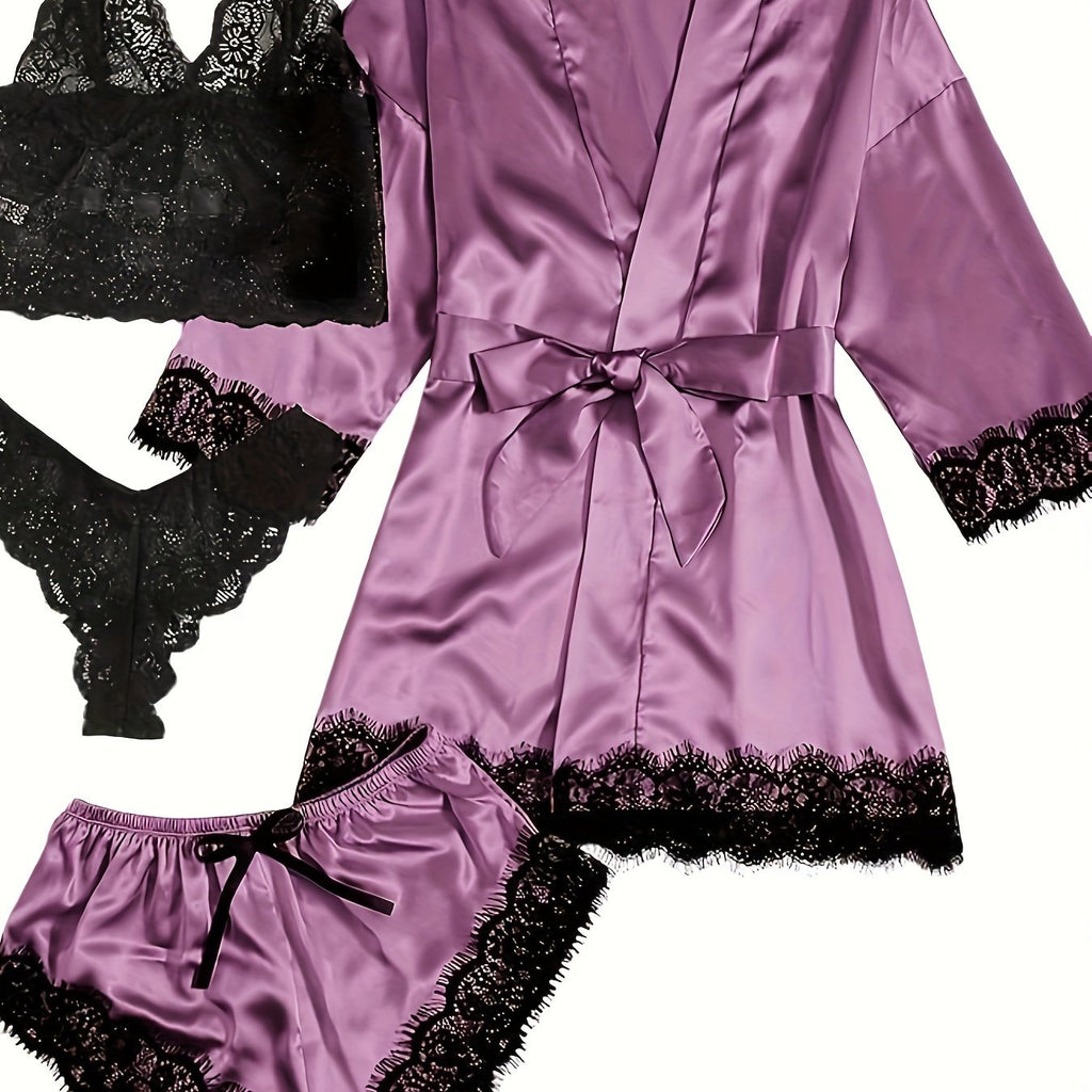 Aurora – Satin Lace Lounge Set with Kimono & Shorts - Novaesta