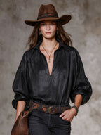 Retro Noir | Faux Leather V-Neck Polo Long-Sleeve Tee