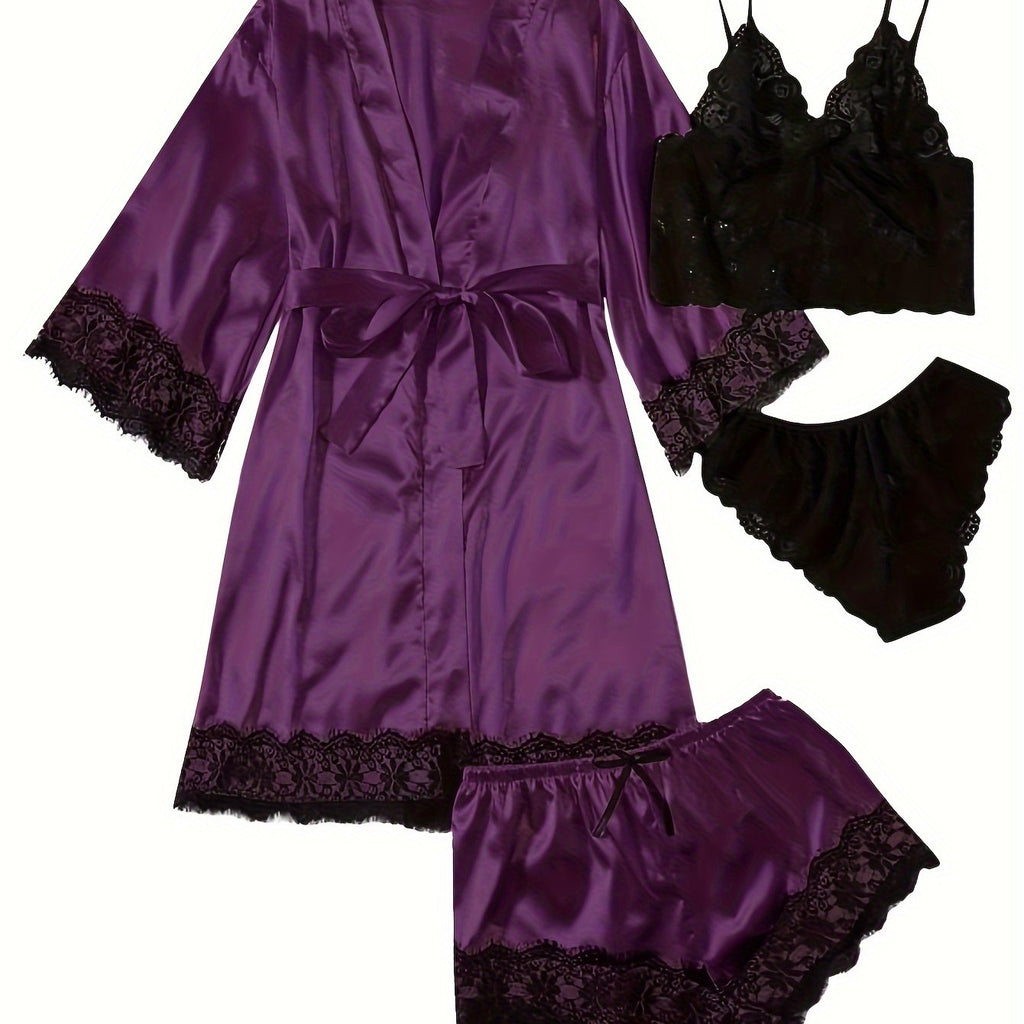 Aurora – Satin Lace Lounge Set with Kimono & Shorts - Novaesta
