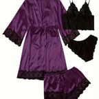 Aurora – Satin Lace Lounge Set with Kimono & Shorts
