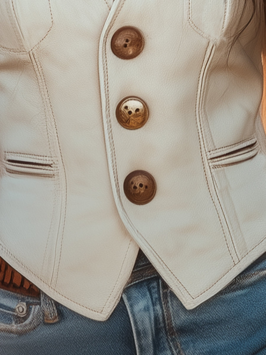 Dakota | Western Gold-Button White Suede Vest - Novaesta