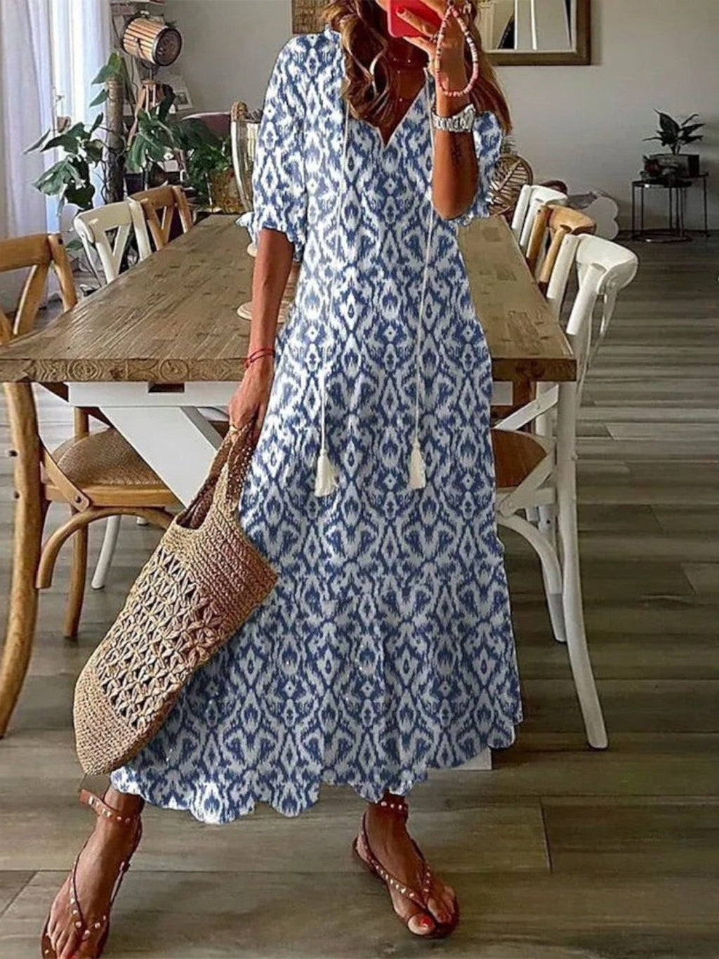 Janice | Boho Vintage V-Neck Summer Dress - Novaesta