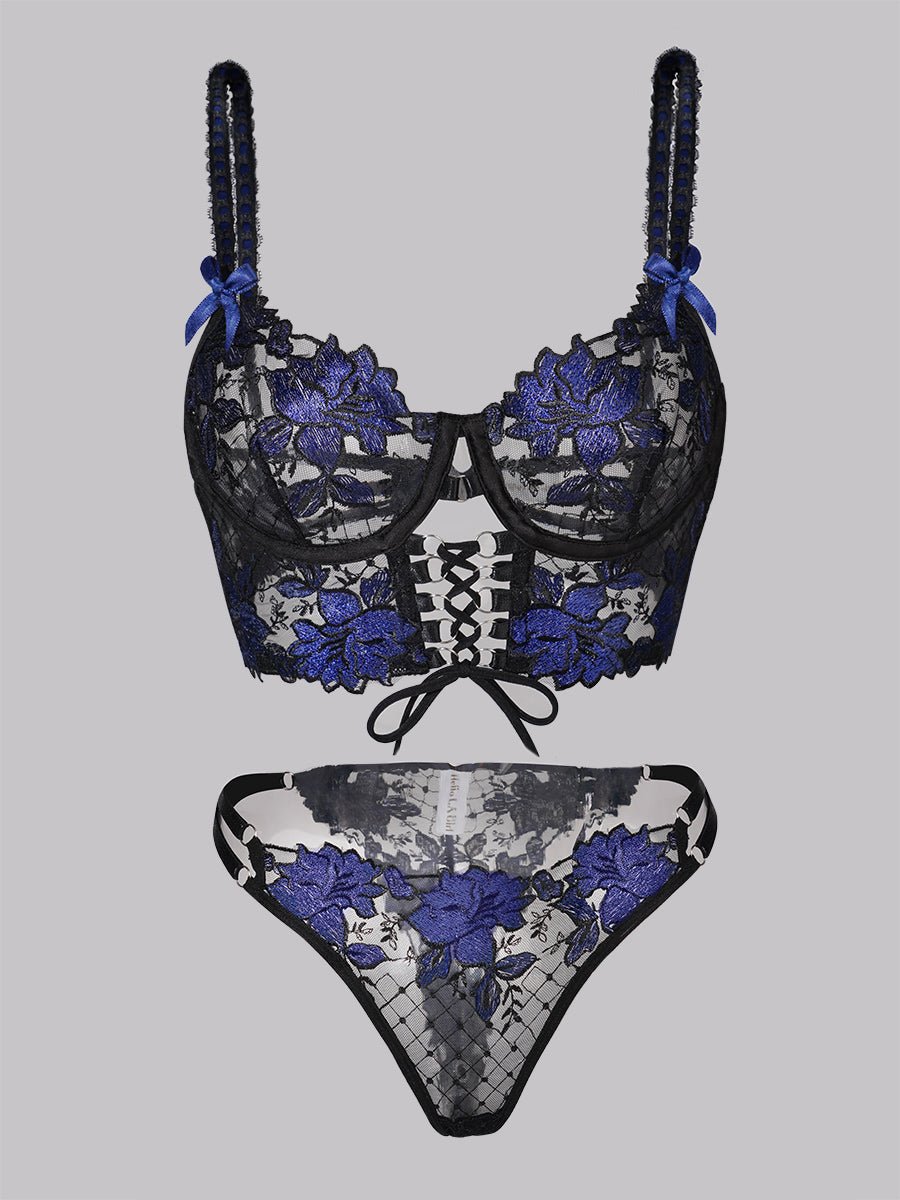 Black&Blue Floral Embroidery Ribbon Lingerie Set - Novaesta