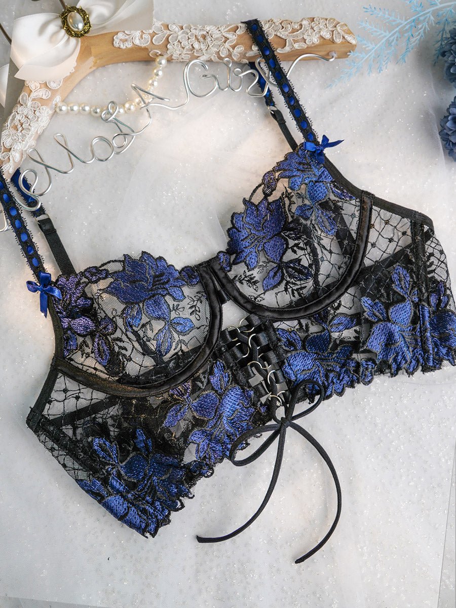 Black&Blue Floral Embroidery Ribbon Lingerie Set - Novaesta