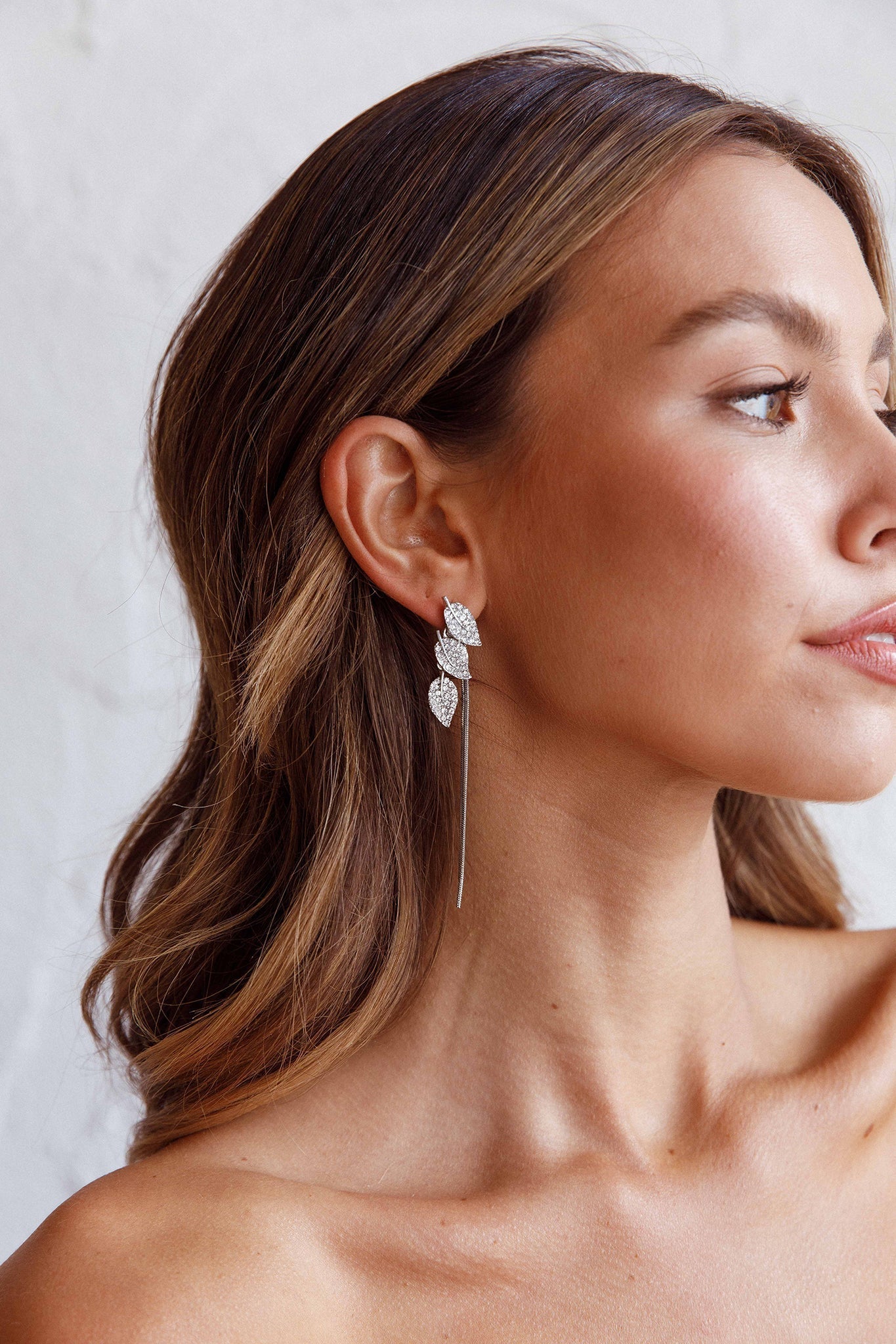 Silver zircon leaf-shaped dangling earrings