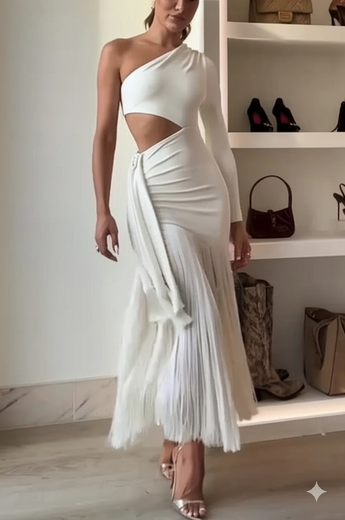 Énora | Asymmetrical Maxi Dress with Cutouts and Fringes